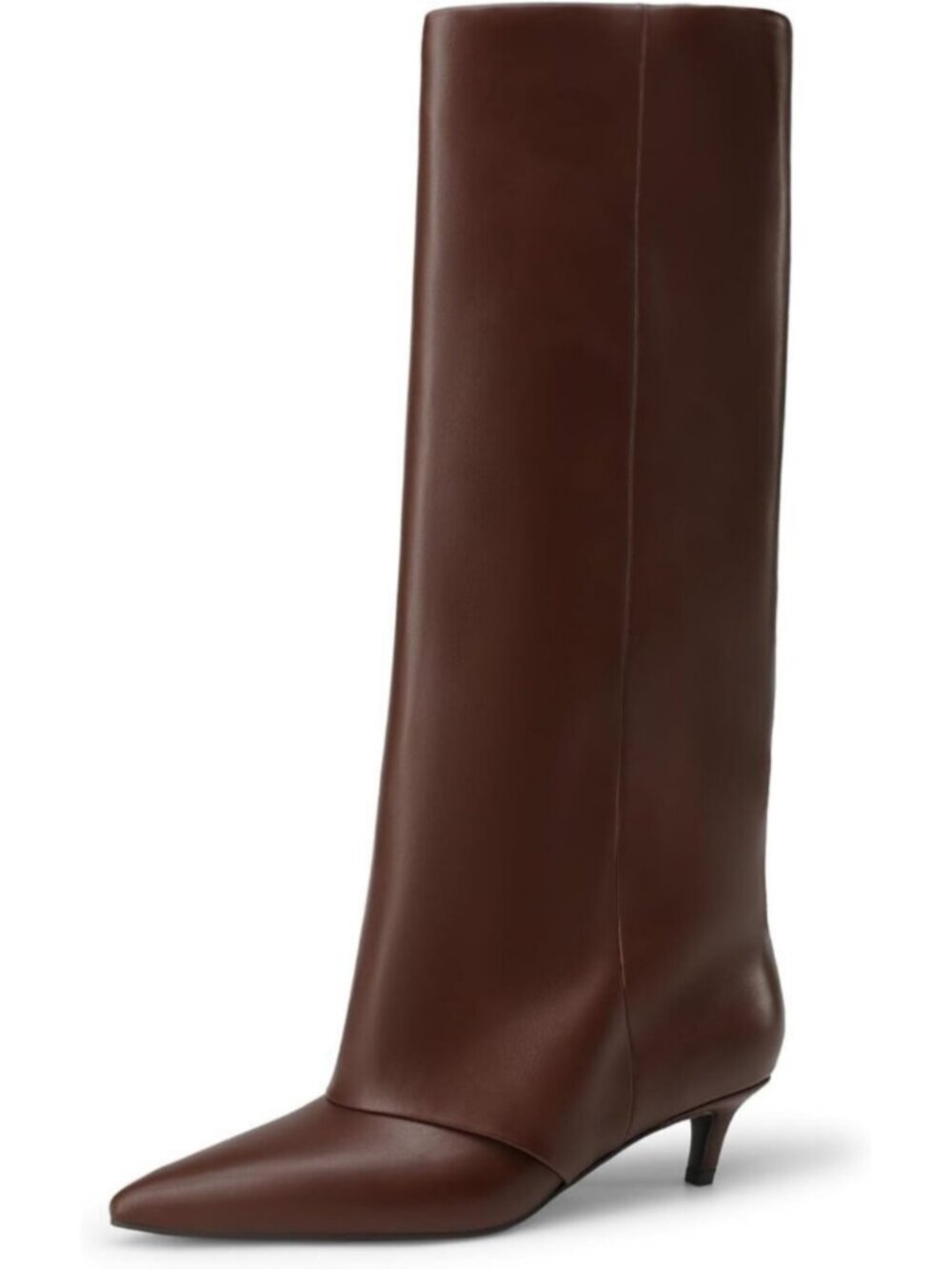 DREAM PAIRS Women Brown Fold Over Knee High Boots Pointed Toe Kitten Heels